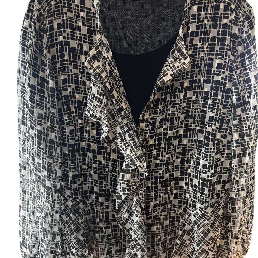 Chicos Black & White Geometric Ruffle Blouse Size 1 = M Sheer Lightweight - Picture 5 of 11